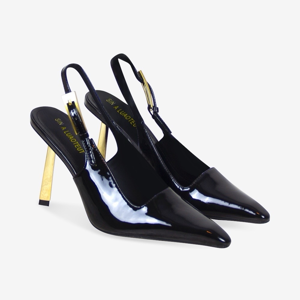 Women’s Saint Lee Black Patent Gold High Heel Slingbacks US 6, EU 37, Pumps